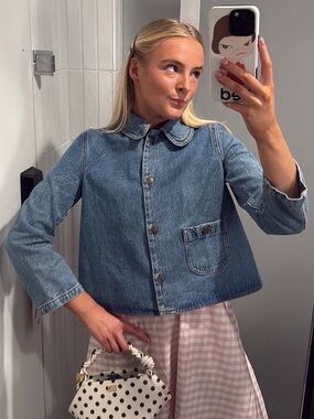 NWT ba&sh Tiny Denim Cotton Peter Pan Collar Pocket 3/4 Sleeve Jacket Blue